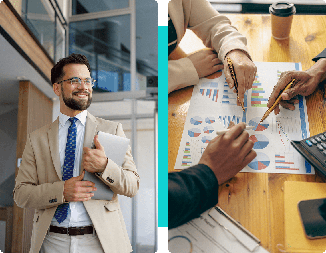 Businessman and colleagues analyzing financial charts.