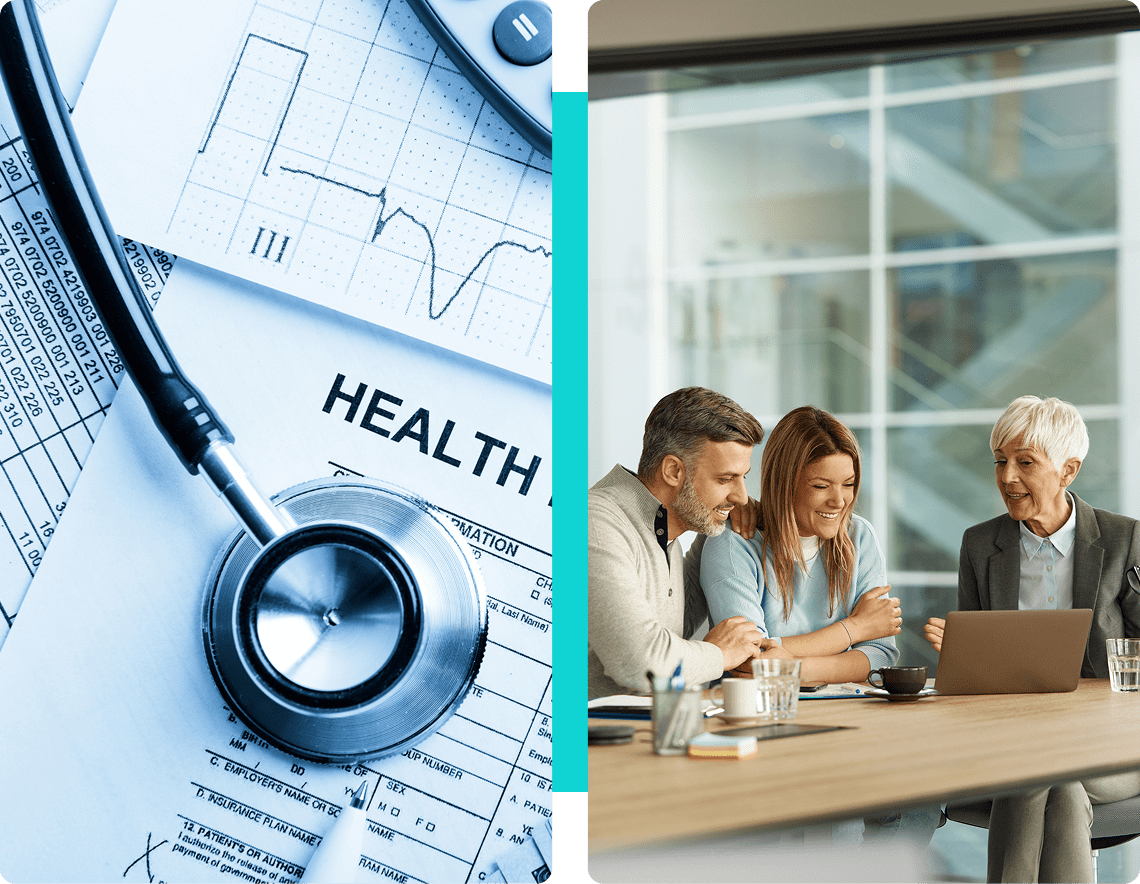 Stethoscope on documents; people discussing health.