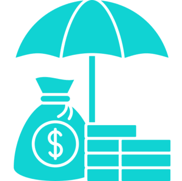 Umbrella over money bag and coins icon.